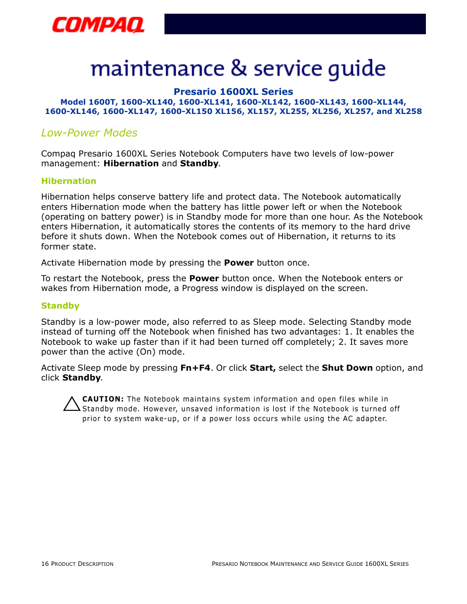 Low-power modes, Hibernation, Standby | Compaq 1600XL User Manual | Page 22 / 150