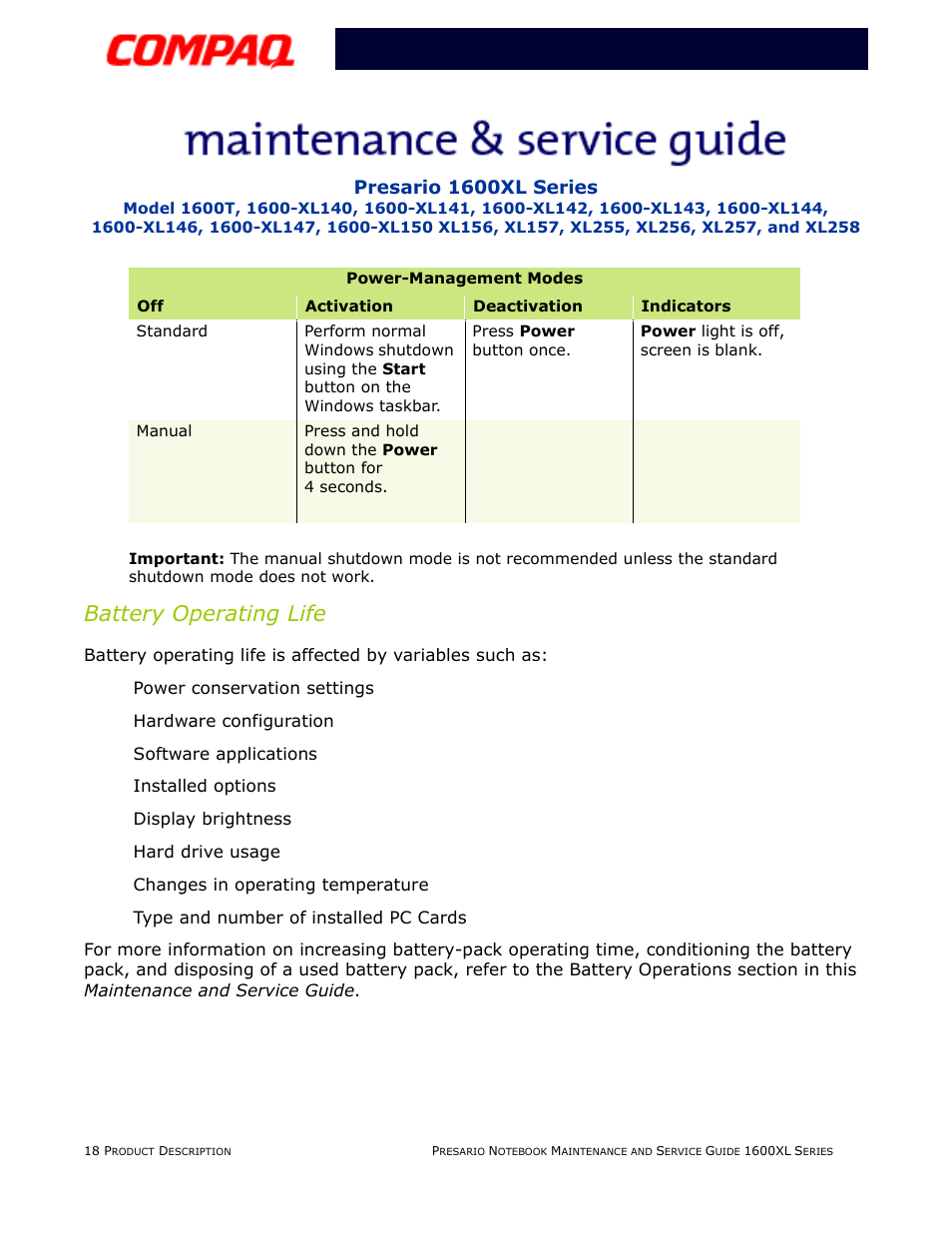 Battery operating life, Presario 1600xl series | Compaq 1600XL User Manual | Page 24 / 150