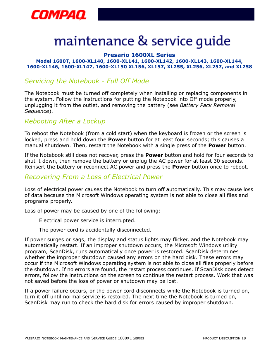 Servicing the notebook - full off mode, Rebooting after a lockup, Recovering from a loss of electrical power | Compaq 1600XL User Manual | Page 25 / 150