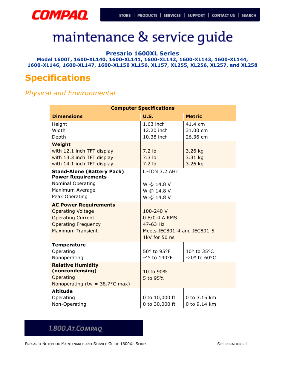 Specifications, Physical and environmental, Presario 1600xl series | Compaq 1600XL User Manual | Page 27 / 150