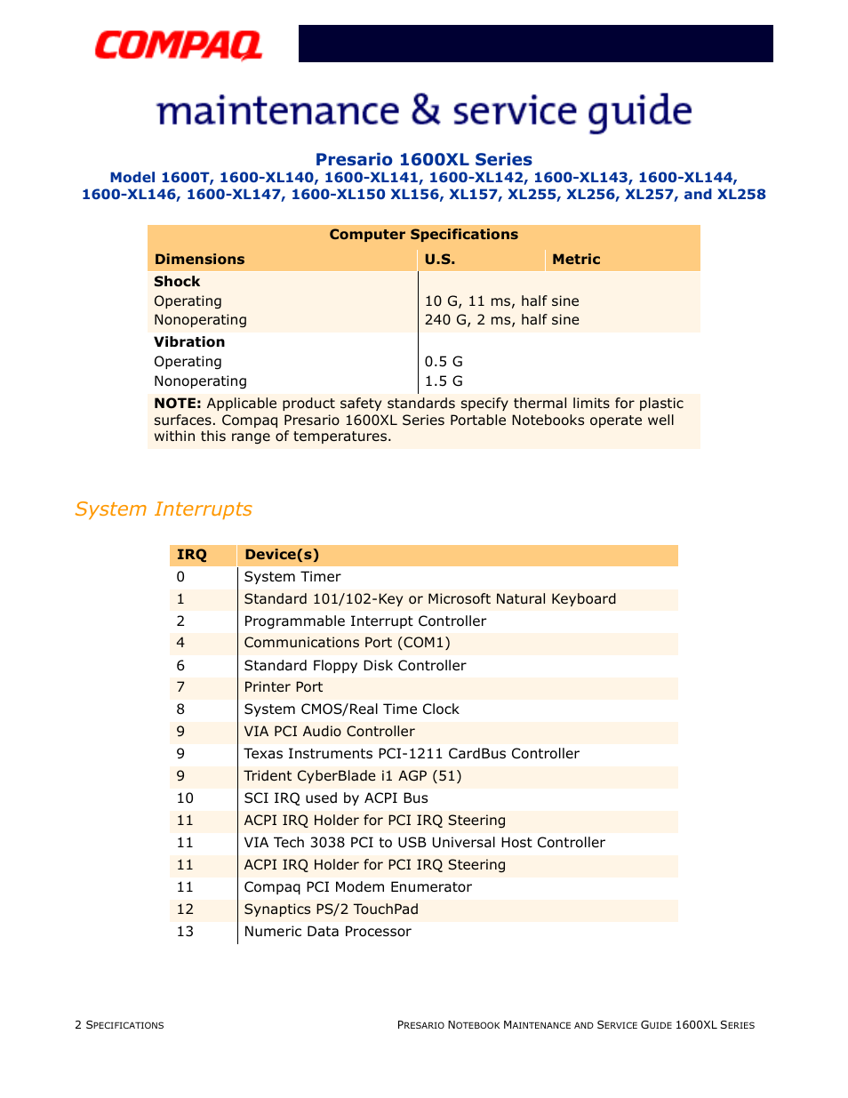 System interrupts, Presario 1600xl series | Compaq 1600XL User Manual | Page 28 / 150