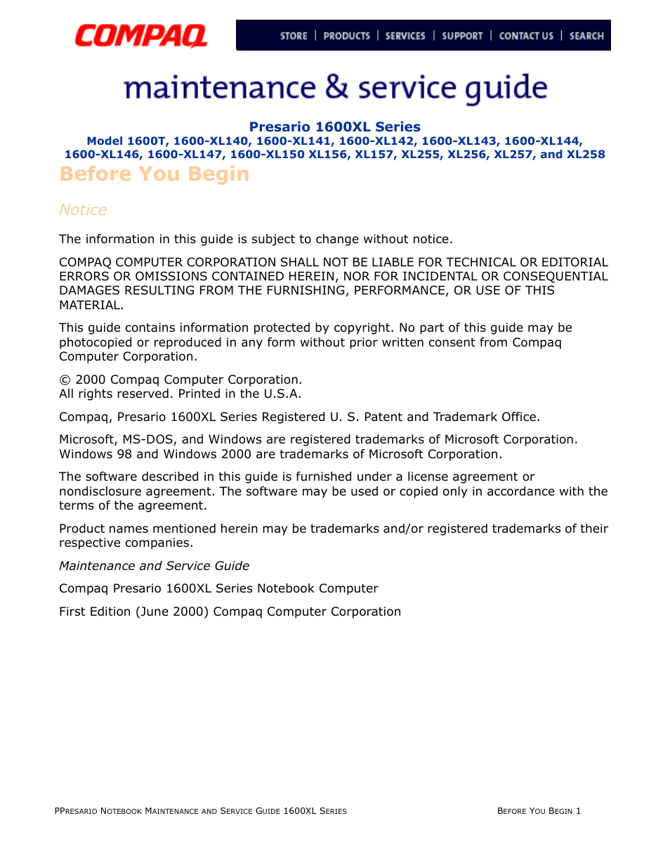 Before you begin, Notice, Before you | Begin, Presario 1600xl series | Compaq 1600XL User Manual | Page 3 / 150