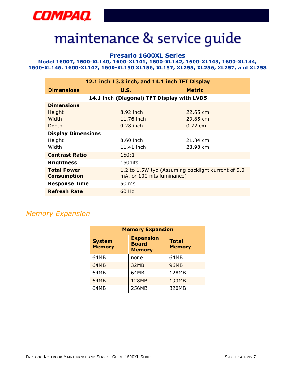 Memory expansion, Presario 1600xl series | Compaq 1600XL User Manual | Page 33 / 150