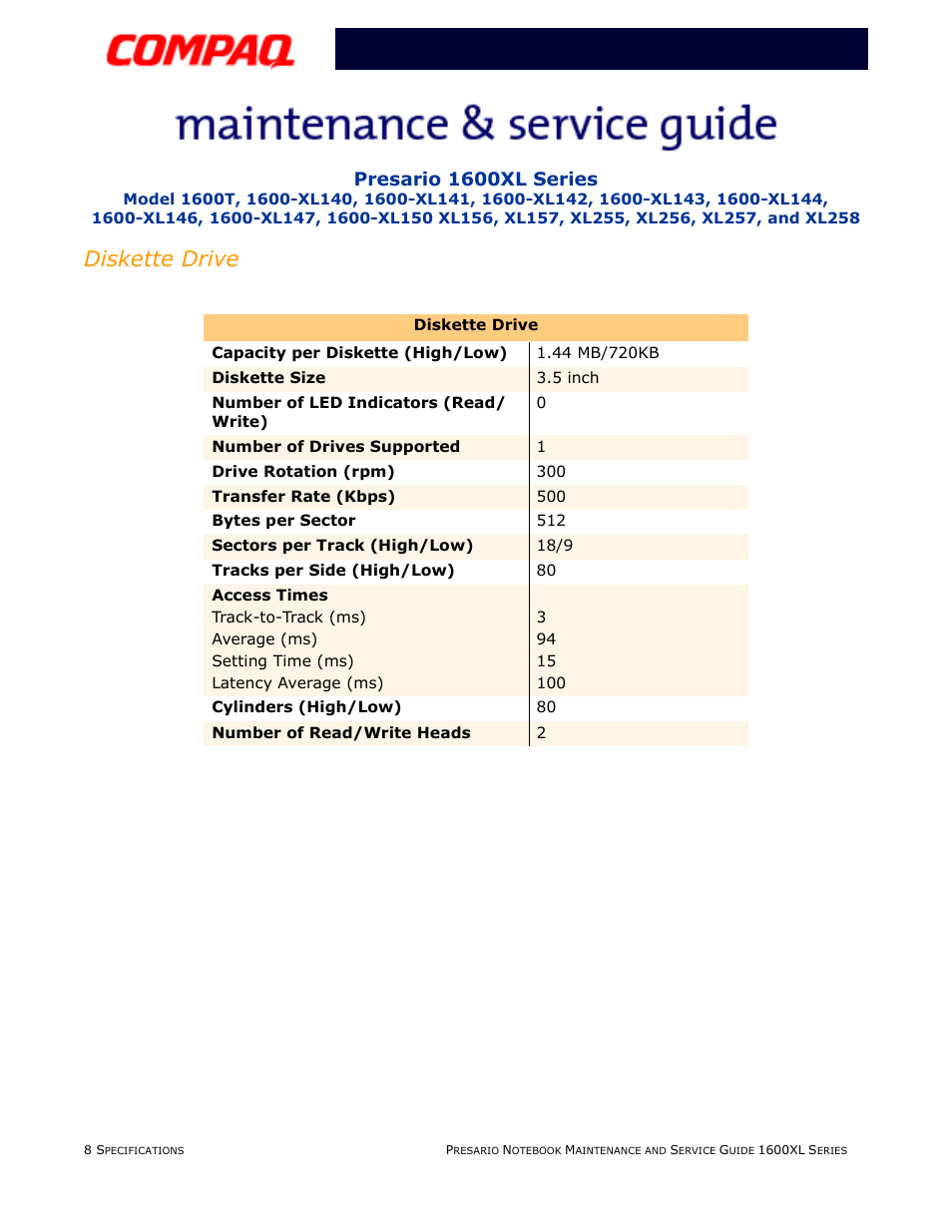 Diskette drive, Presario 1600xl series | Compaq 1600XL User Manual | Page 34 / 150