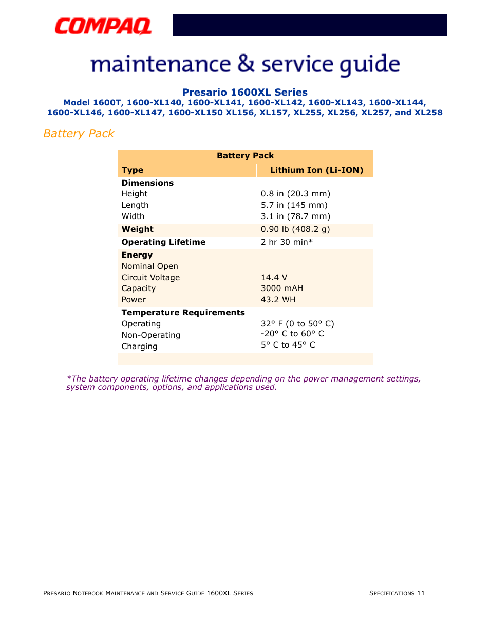 Battery pack, Presario 1600xl series | Compaq 1600XL User Manual | Page 37 / 150
