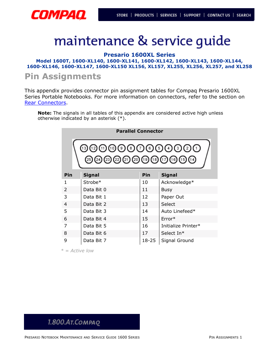 Pin assignments, Assignments, Presario 1600xl series | Compaq 1600XL User Manual | Page 39 / 150