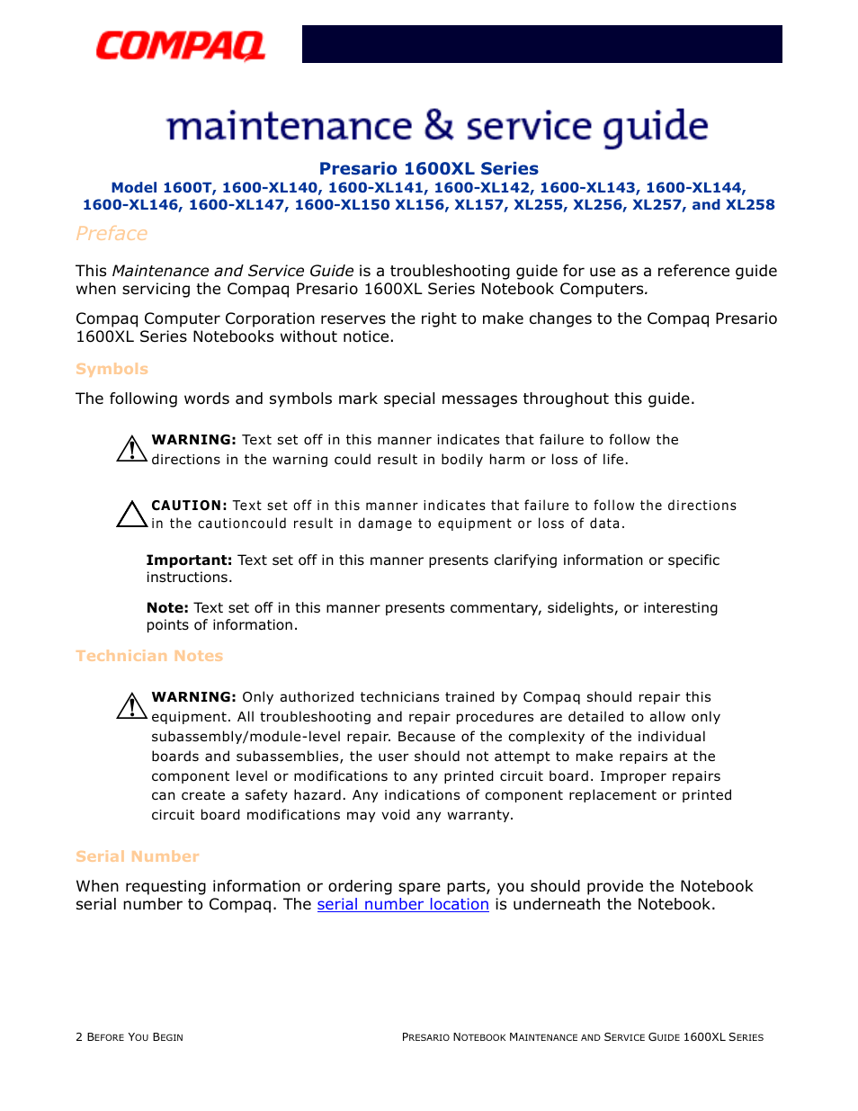 Preface, Symbols, Technician notes | Serial number | Compaq 1600XL User Manual | Page 4 / 150