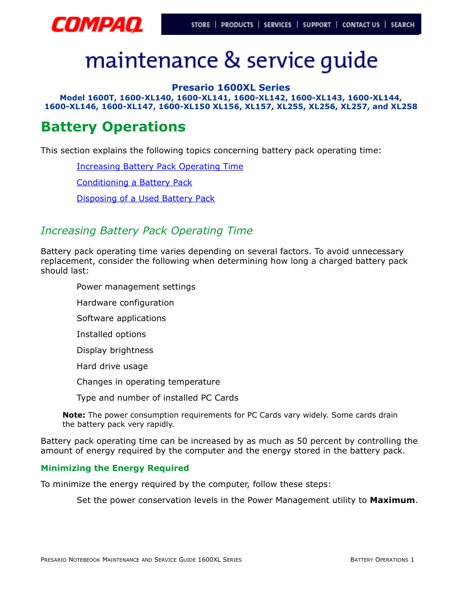 Battery operations, Increasing battery pack operating time, Minimizing the energy required | Battery, Operations | Compaq 1600XL User Manual | Page 45 / 150