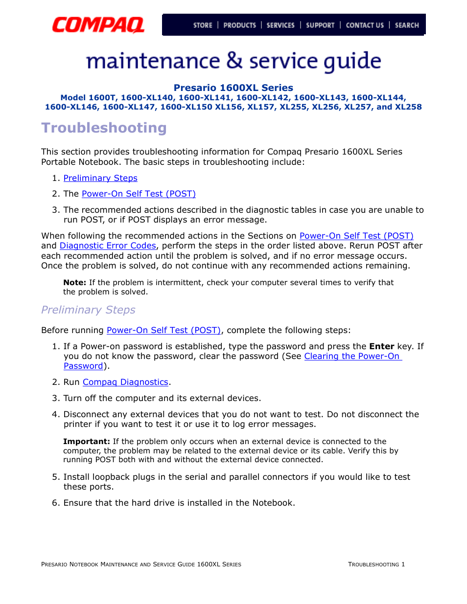 Troubleshooting, Preliminary steps | Compaq 1600XL User Manual | Page 49 / 150