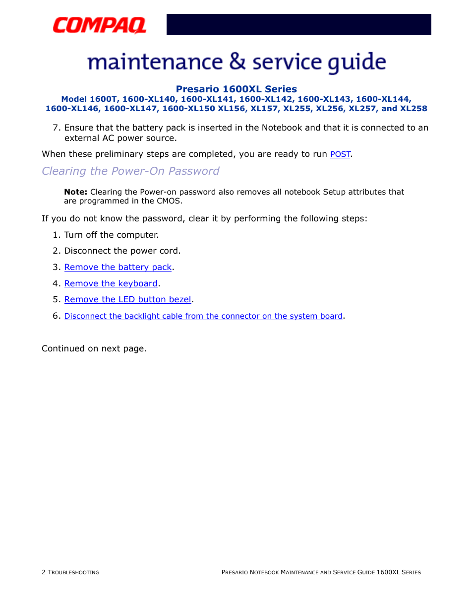 Clearing the power-on password, Clearing the power-on, Password | Presario 1600xl series | Compaq 1600XL User Manual | Page 50 / 150