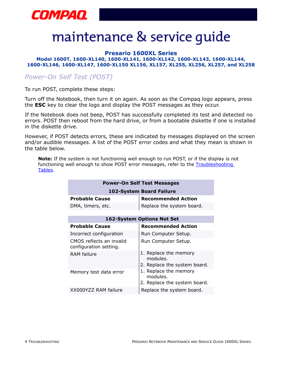 Power-on self test (post), Running, Presario 1600xl series | Compaq 1600XL User Manual | Page 52 / 150