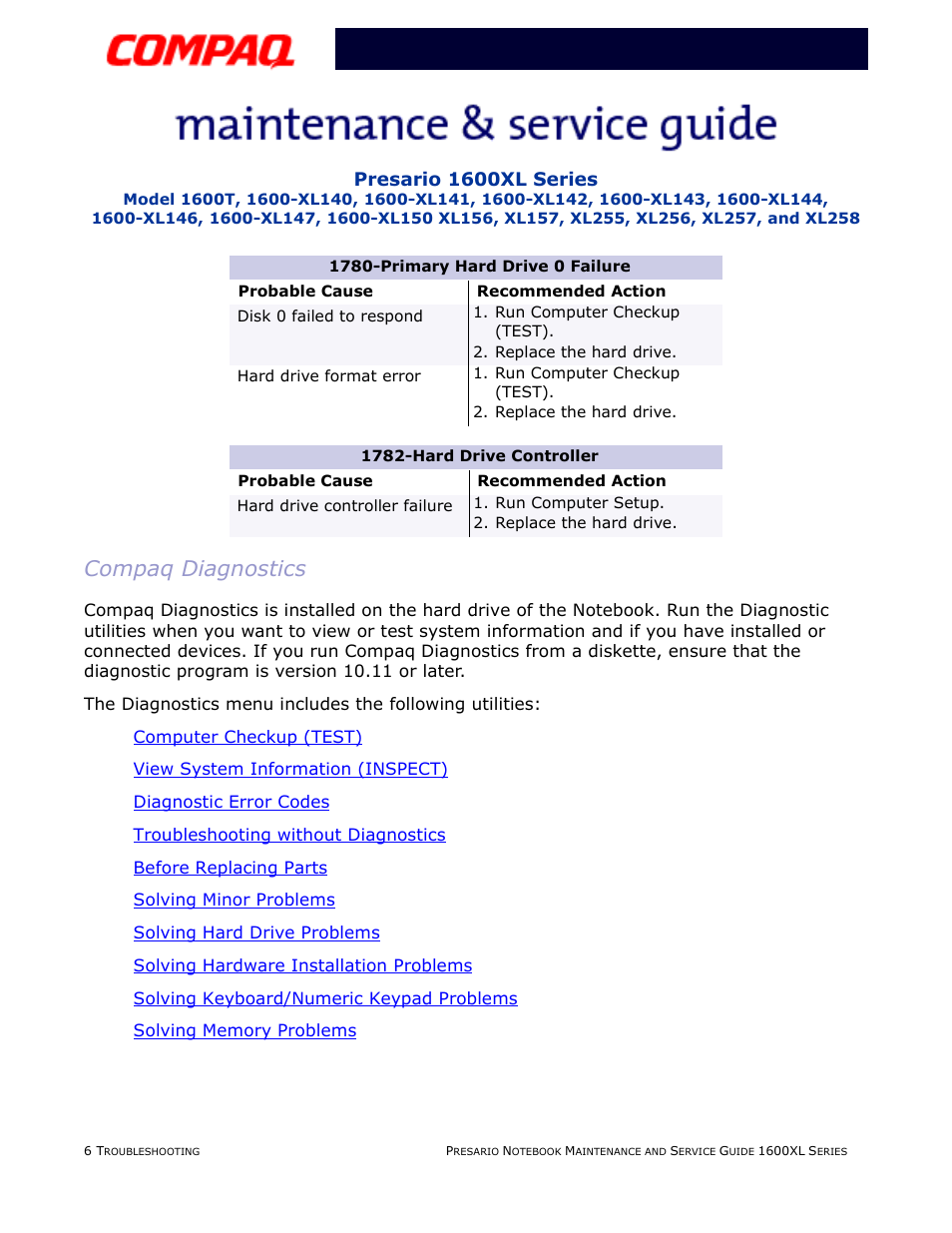 Compaq diagnostics | Compaq 1600XL User Manual | Page 54 / 150