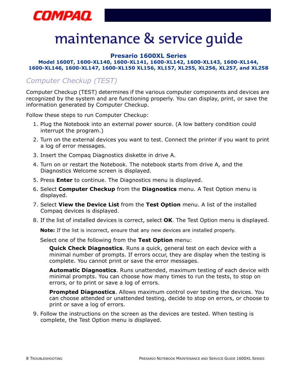 Computer checkup (test) | Compaq 1600XL User Manual | Page 56 / 150