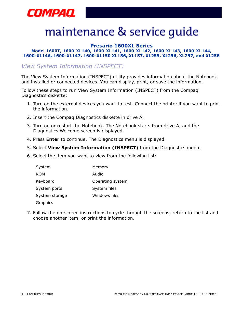 View system information (inspect), Presario 1600xl series | Compaq 1600XL User Manual | Page 58 / 150