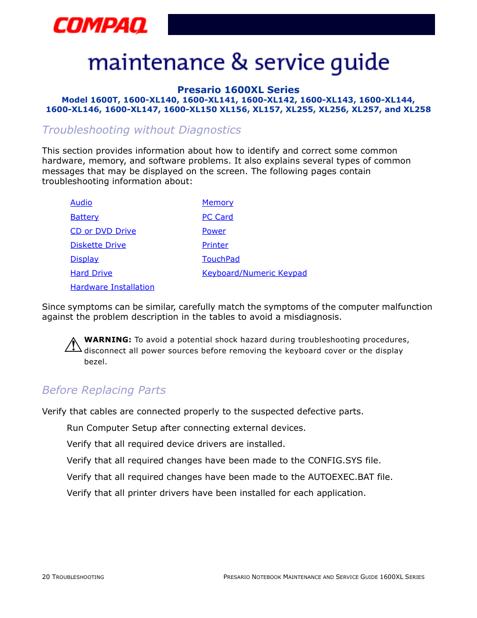 Troubleshooting without diagnostics, Before replacing parts | Compaq 1600XL User Manual | Page 68 / 150