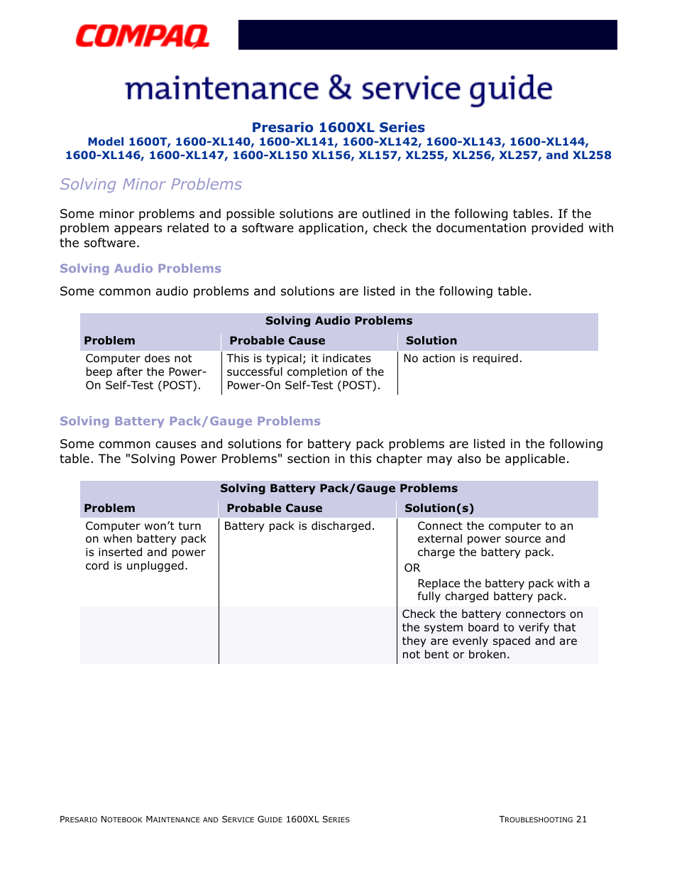 Solving minor problems, Solving audio problems, Solving battery pack/gauge problems | Audio, Battery, Presario 1600xl series | Compaq 1600XL User Manual | Page 69 / 150