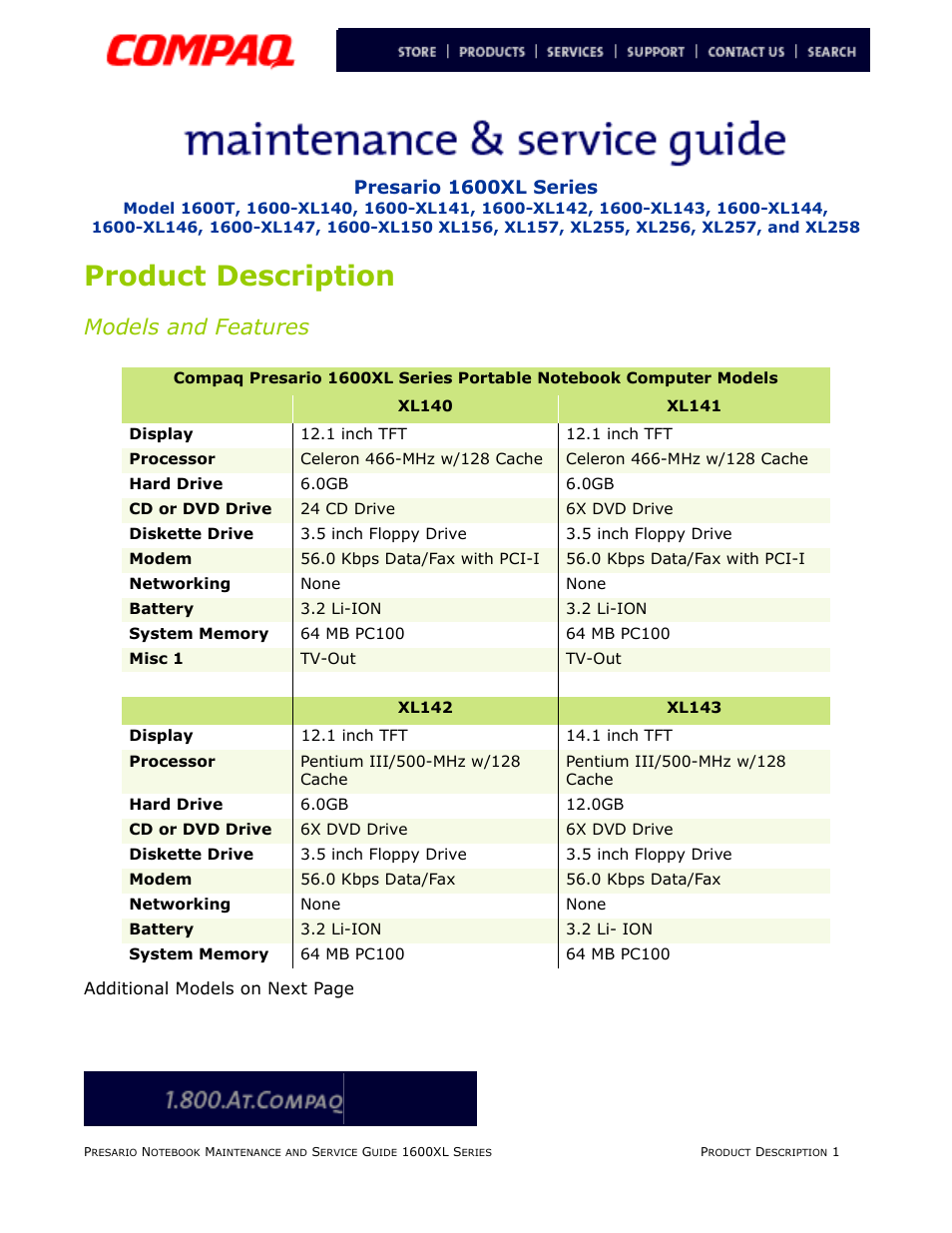 Product description, Models and features, Product | Description, Presario 1600xl series | Compaq 1600XL User Manual | Page 7 / 150