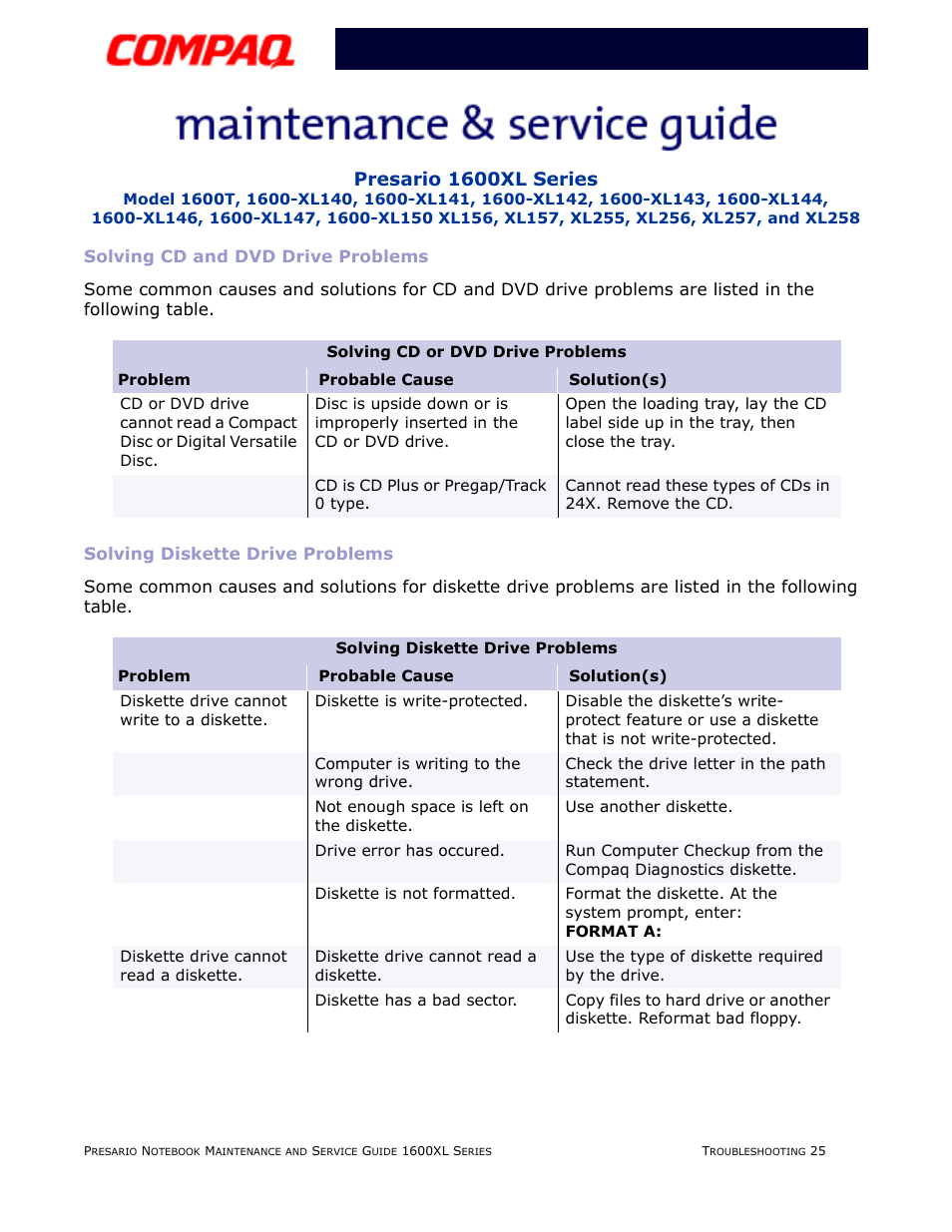 Solving cd and dvd drive problems, Solving diskette drive problems, Cd or dvd drive | Diskette drive, Presario 1600xl series | Compaq 1600XL User Manual | Page 73 / 150