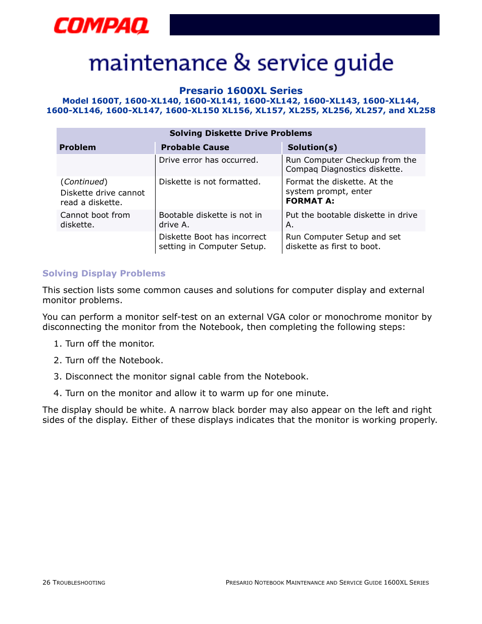 Solving display problems, Display, Presario 1600xl series | Compaq 1600XL User Manual | Page 74 / 150