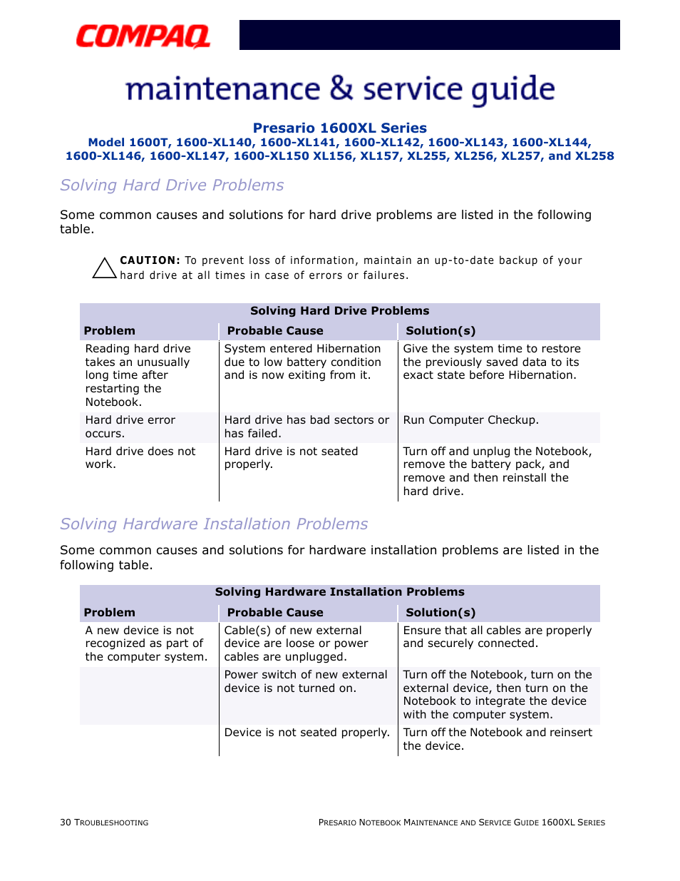 Solving hard drive problems, Solving hardware installation problems, Hard drive | Hardware installation | Compaq 1600XL User Manual | Page 78 / 150