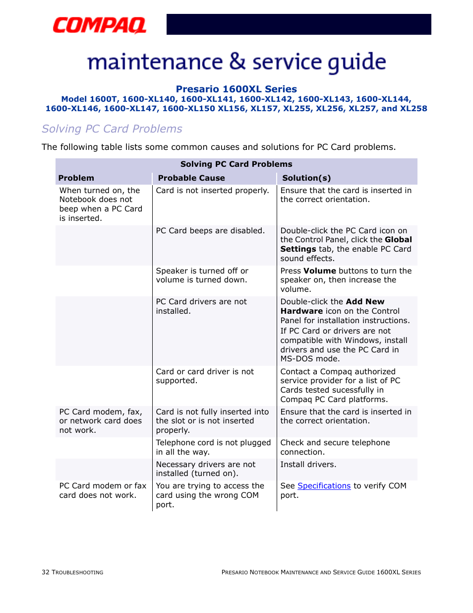 Solving pc card problems, Pc card, Presario 1600xl series | Compaq 1600XL User Manual | Page 80 / 150