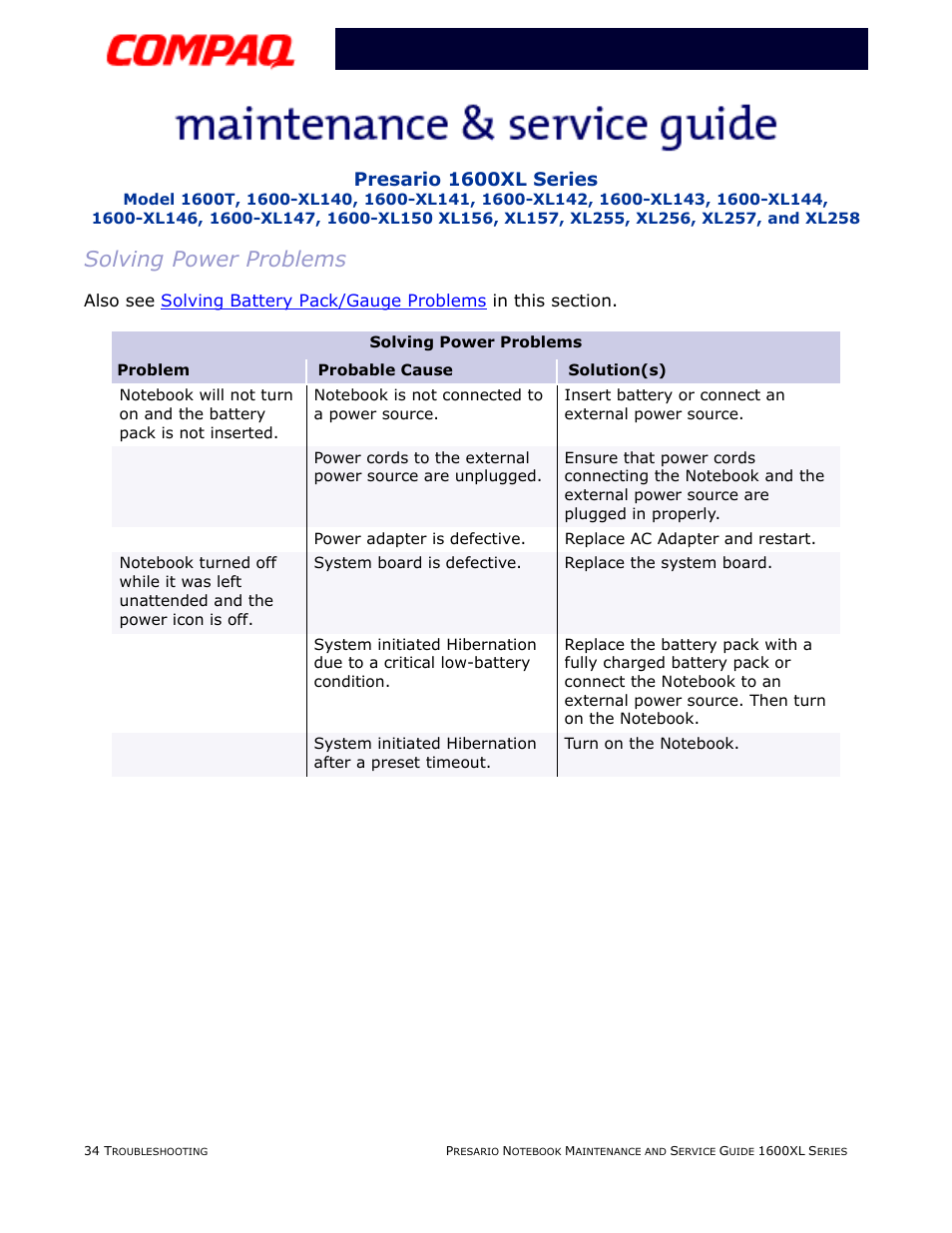 Solving power problems, Power, Presario 1600xl series | Compaq 1600XL User Manual | Page 82 / 150