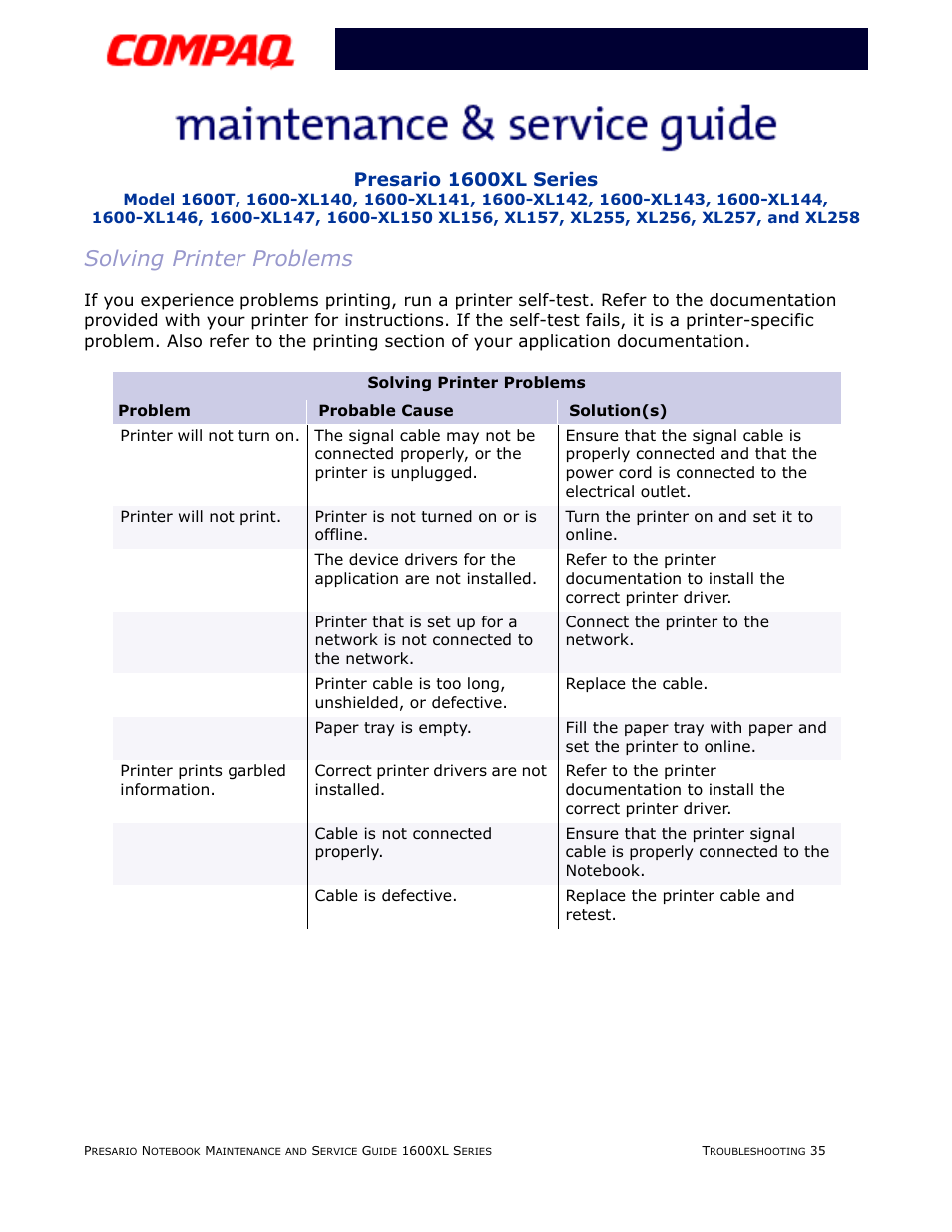 Solving printer problems, Printer, Presario 1600xl series | Compaq 1600XL User Manual | Page 83 / 150