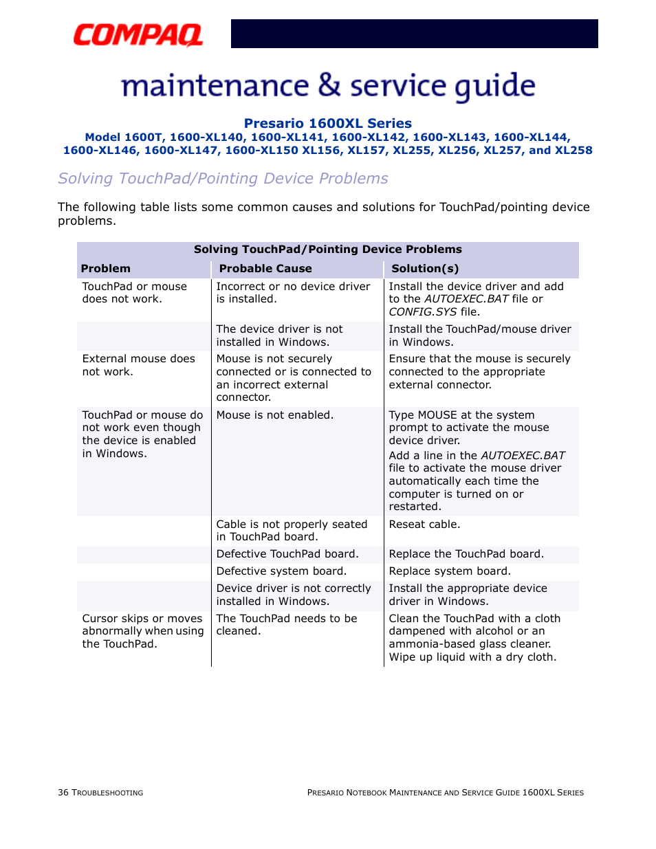 Solving touchpad/pointing device problems, Touchpad, Presario 1600xl series | Compaq 1600XL User Manual | Page 84 / 150