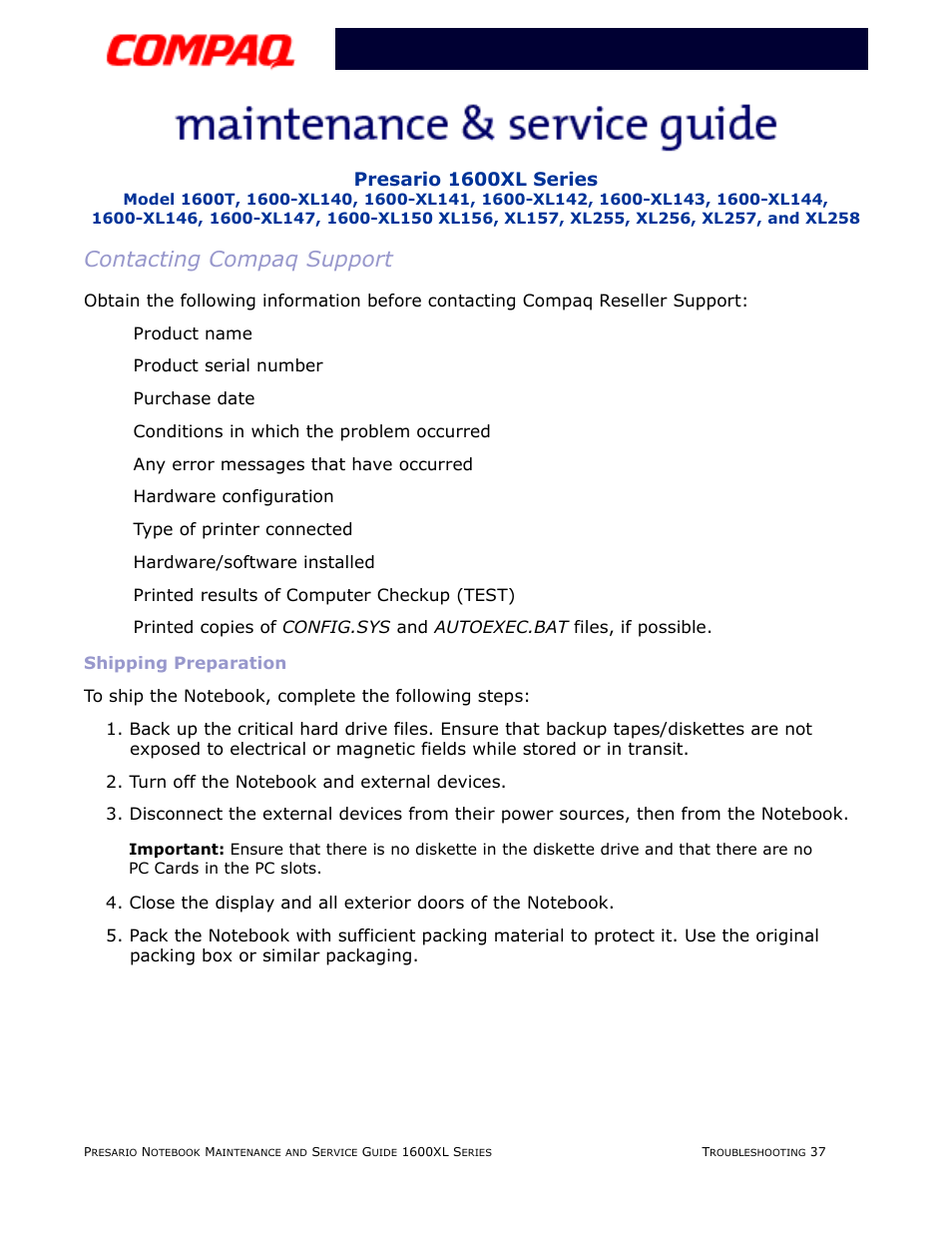 Contacting compaq support, Shipping preparation | Compaq 1600XL User Manual | Page 85 / 150
