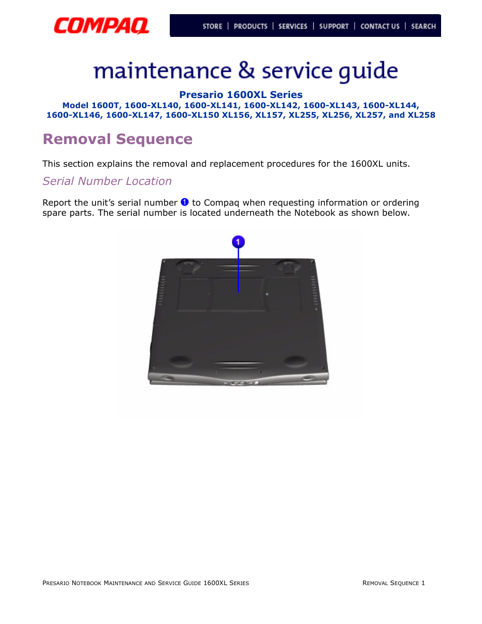 Removal sequence, Serial number location, Removal | Sequence, Presario 1600xl series, Report the unit’s serial number | Compaq 1600XL User Manual | Page 87 / 150
