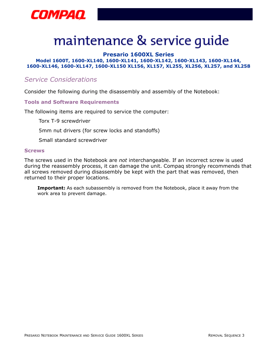 Service considerations, Tools and software requirements, Screws | Presario 1600xl series | Compaq 1600XL User Manual | Page 89 / 150