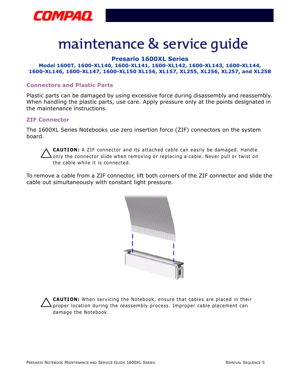 Connectors and plastic parts, Zif connector | Compaq 1600XL User Manual | Page 91 / 150