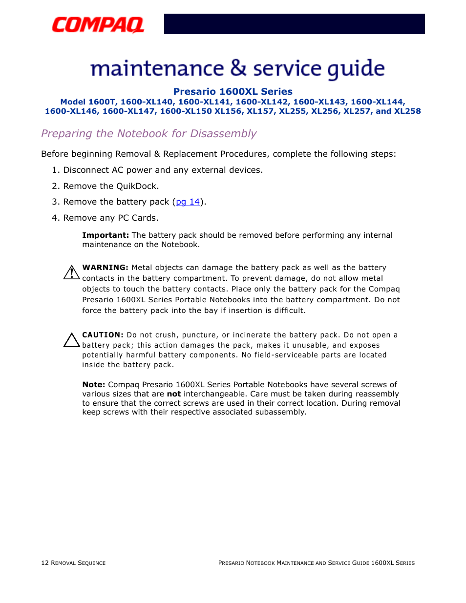 Preparing the notebook for disassembly | Compaq 1600XL User Manual | Page 98 / 150