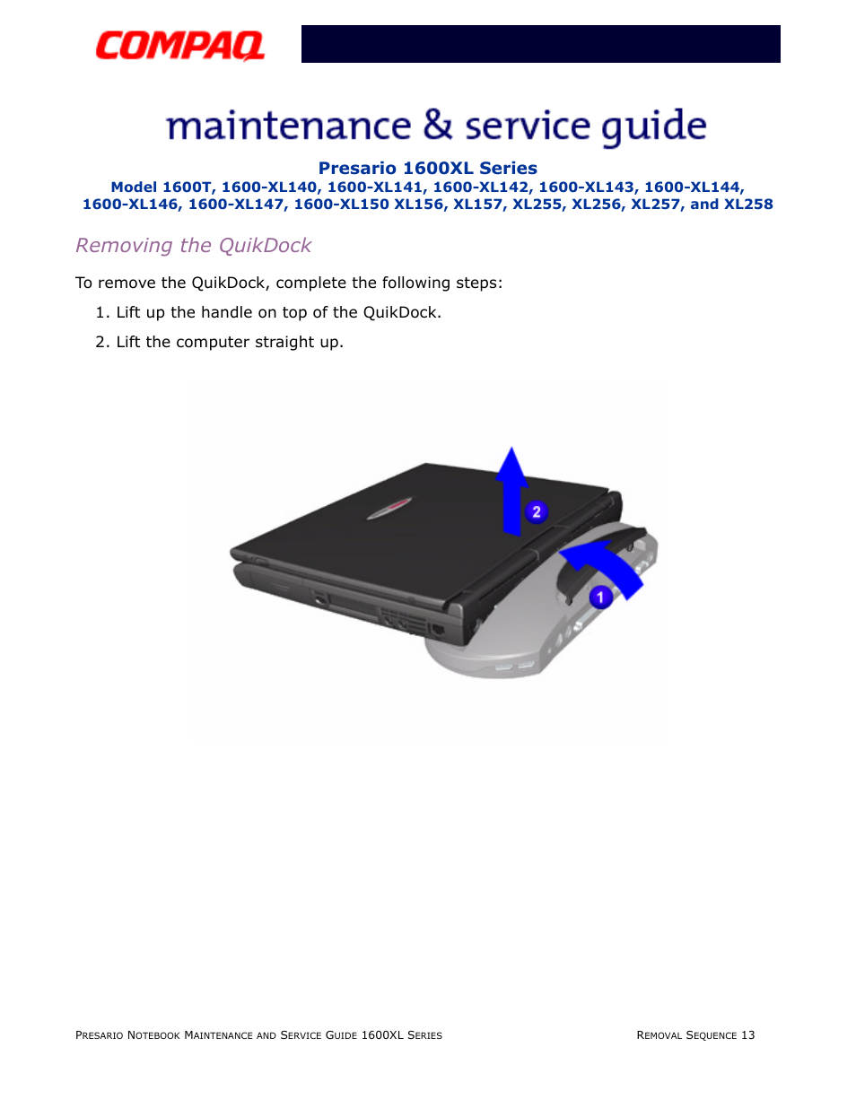 Removing the quikdock, Presario 1600xl series | Compaq 1600XL User Manual | Page 99 / 150