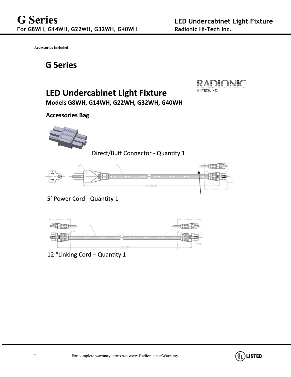 G series instruction 14-22-32-2, G series, Led undercabinet light fixture | Radionic G Series User Manual | Page 2 / 2