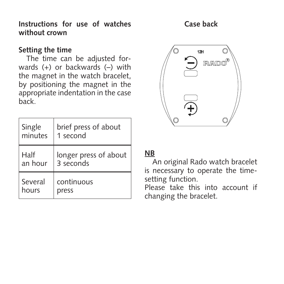 RADO Crownless_watch User Manual | 1 page