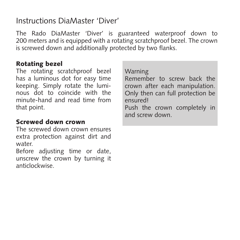 RADO DiaMaster_Diver User Manual | 2 pages