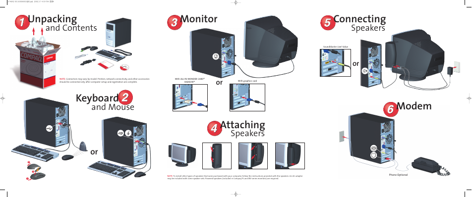 Unpacking, Keyboard, Modem | Connecting, Monitor, Attaching, And contents, And mouse, Speakers, Phone optional | Compaq Presario 6000 Series User Manual | Page 2 / 2