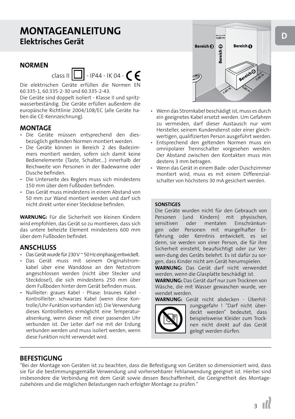 Montageanleitung, Elektrisches gerät, Normen | Montage, Anschluss, Befestigung | Radson Class II User Manual | Page 3 / 8