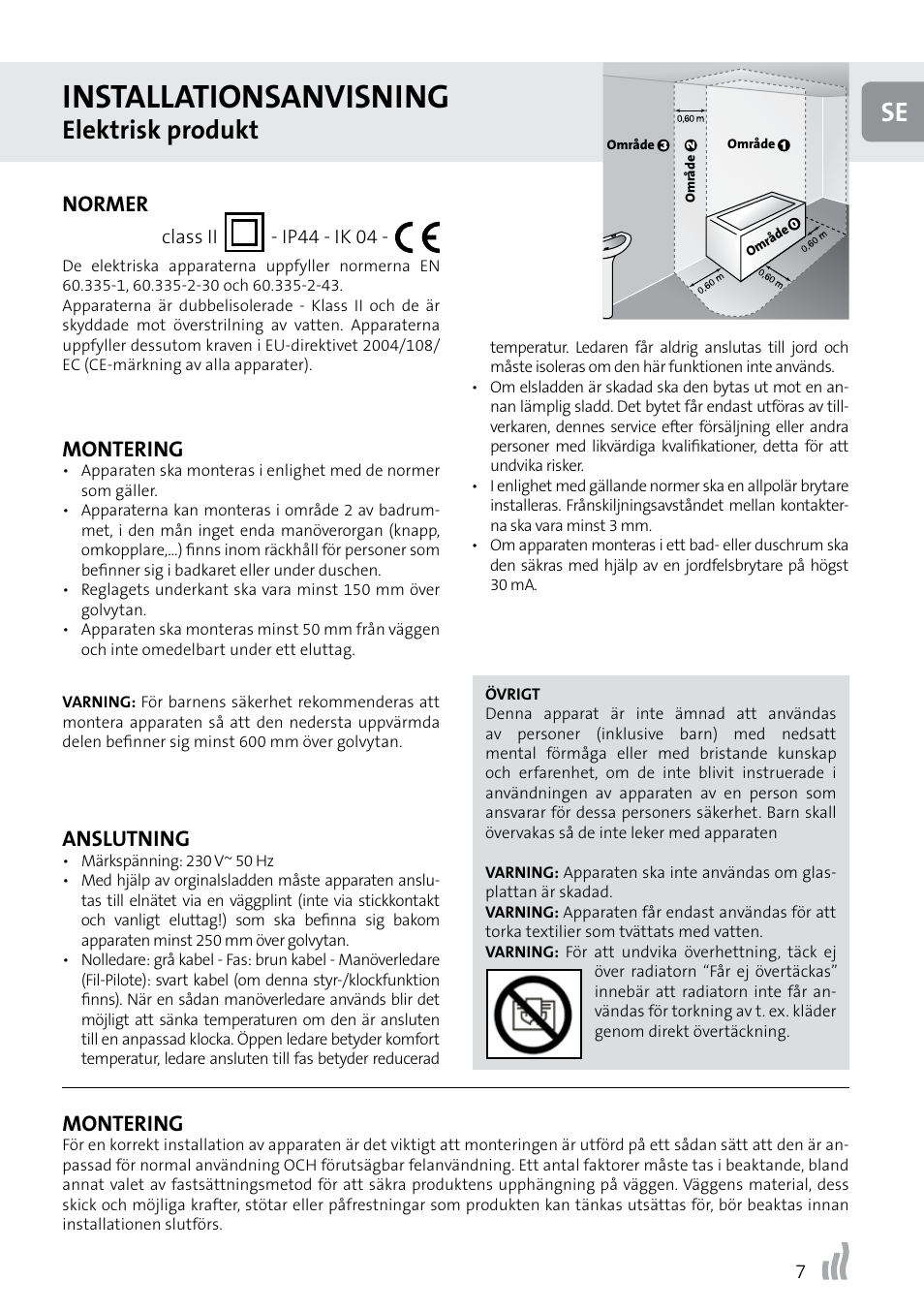 Installationsanvisning, Elektrisk produkt, Normer | Montering, Anslutning | Radson Class II User Manual | Page 7 / 8