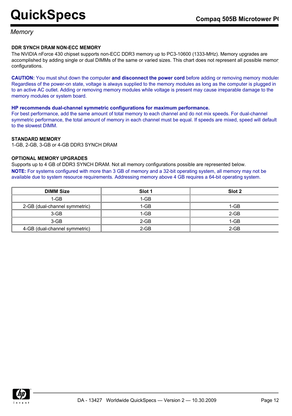 Memory, Quickspecs | Compaq 505B User Manual | Page 12 / 32