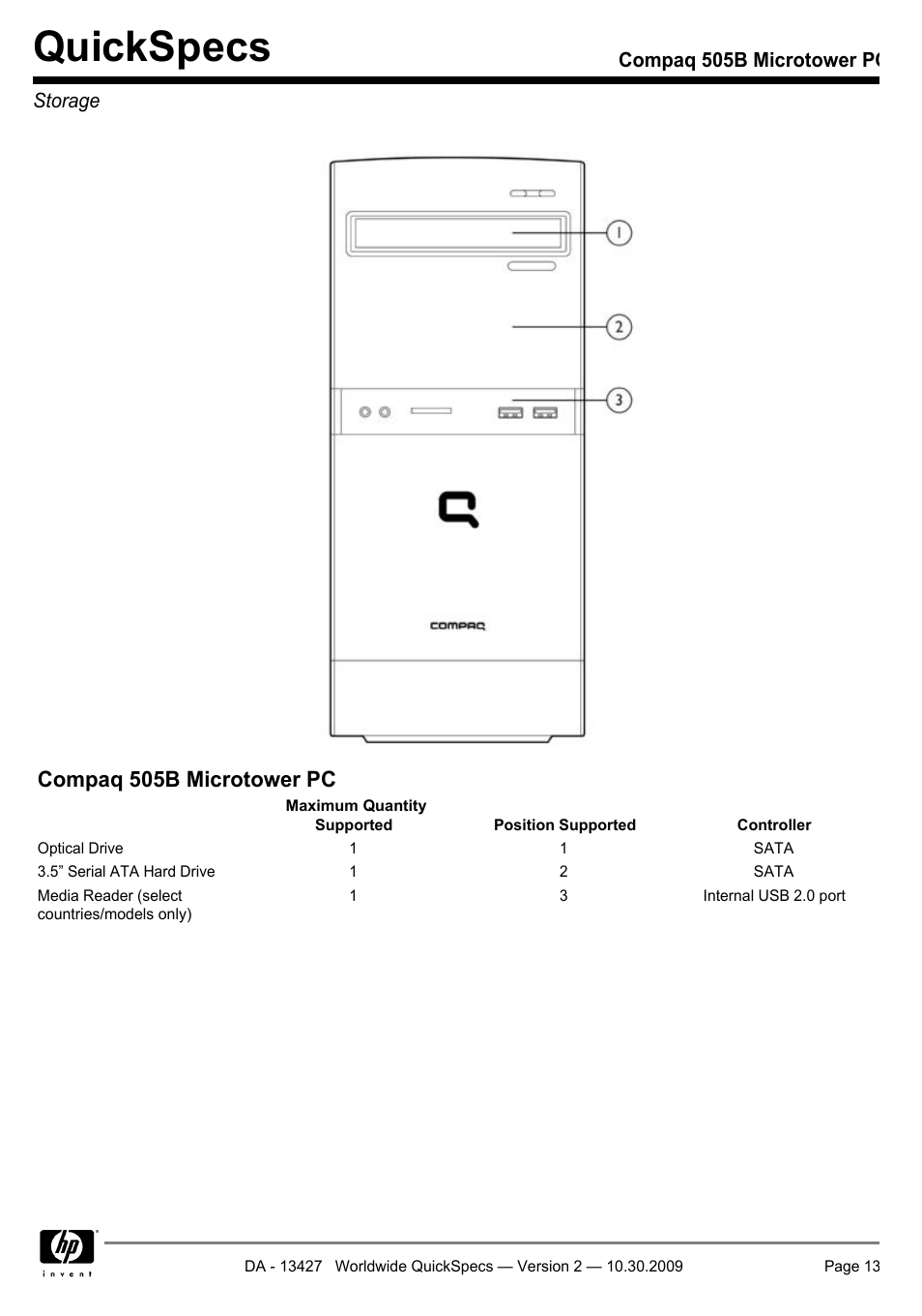 Storage, Quickspecs, Compaq 505b microtower pc | Compaq 505B User Manual | Page 13 / 32