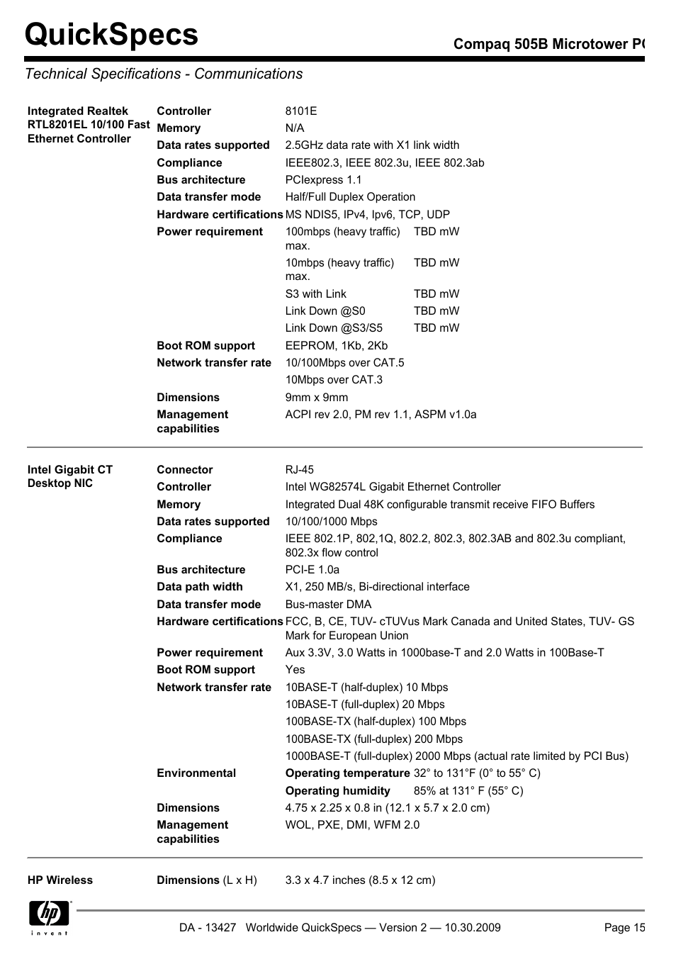 Technical specifications - communications, Quickspecs | Compaq 505B User Manual | Page 15 / 32