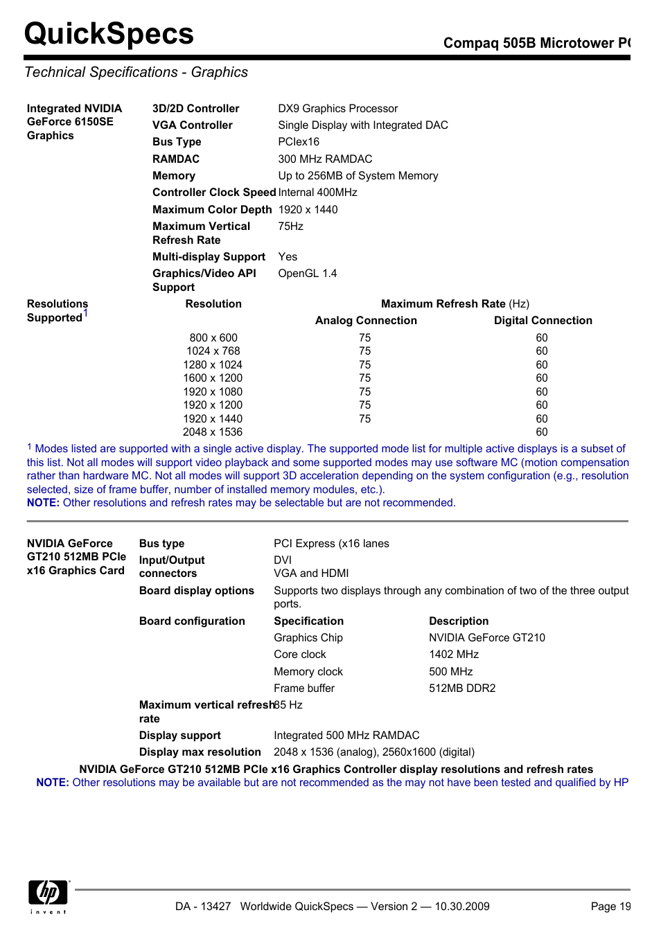 Technical specifications - graphics, Quickspecs | Compaq 505B User Manual | Page 19 / 32