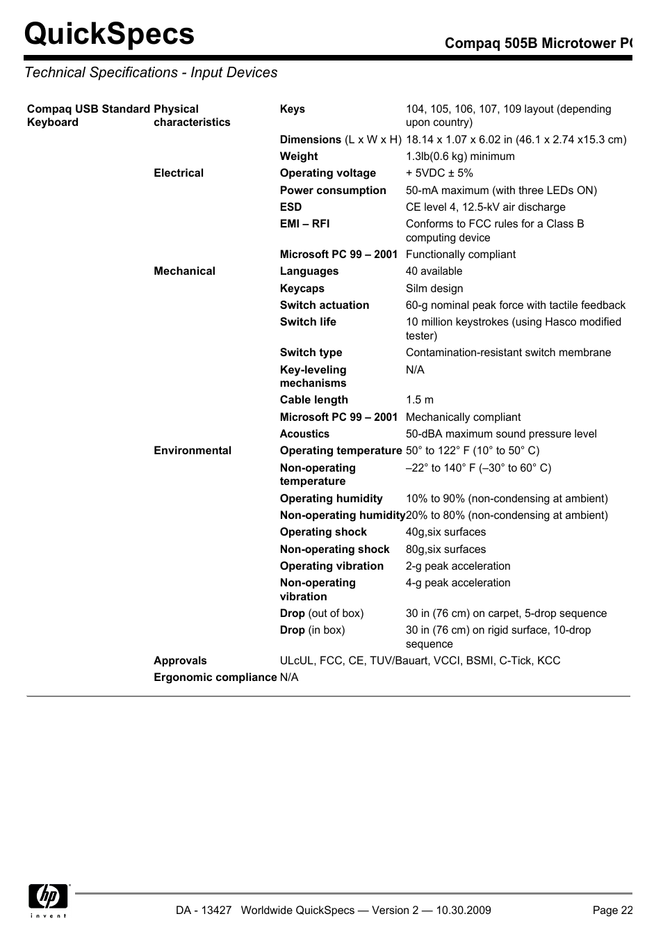 Technical specifications - input devices, Quickspecs | Compaq 505B User Manual | Page 22 / 32