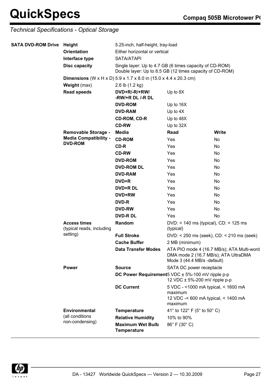 Technical specifications - optical storage, Quickspecs | Compaq 505B User Manual | Page 27 / 32
