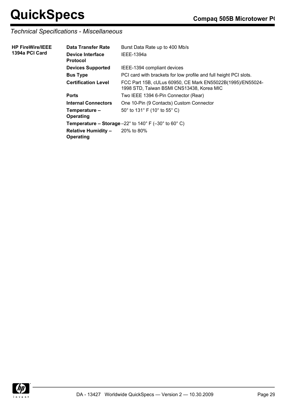 Technical specifications - miscellaneous, Quickspecs | Compaq 505B User Manual | Page 29 / 32