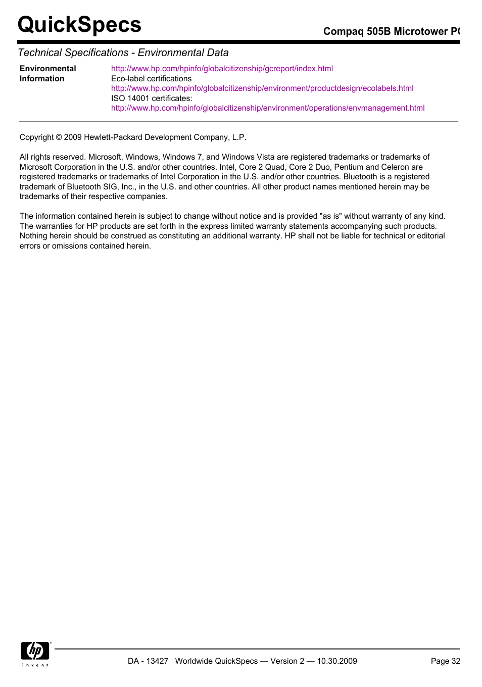 Quickspecs | Compaq 505B User Manual | Page 32 / 32