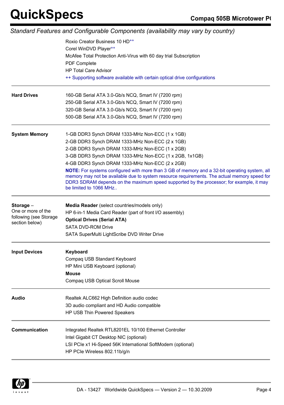 Quickspecs | Compaq 505B User Manual | Page 4 / 32