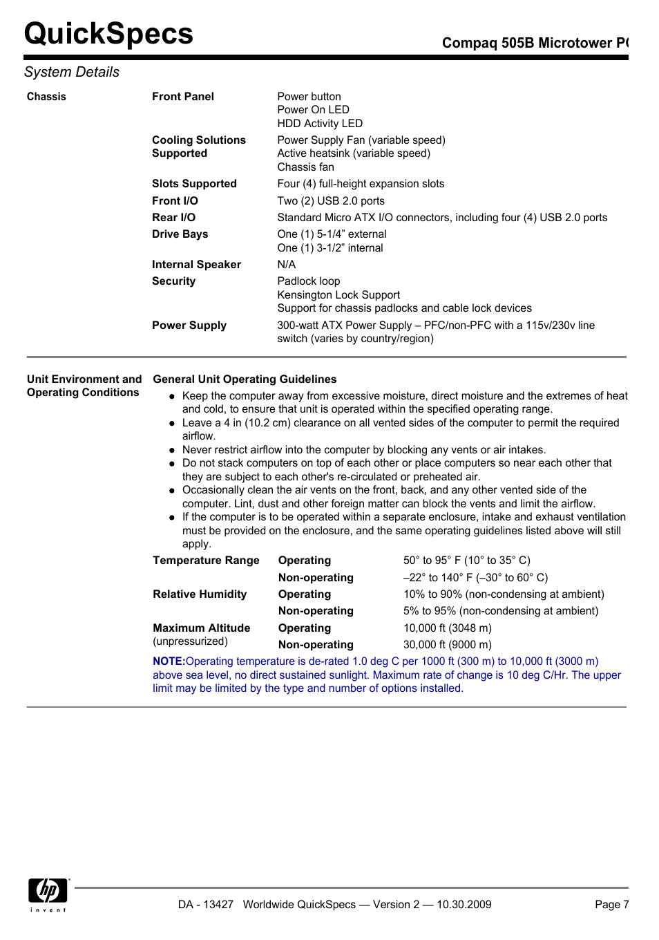 Quickspecs, Compaq 505b microtower pc system details | Compaq 505B User Manual | Page 7 / 32